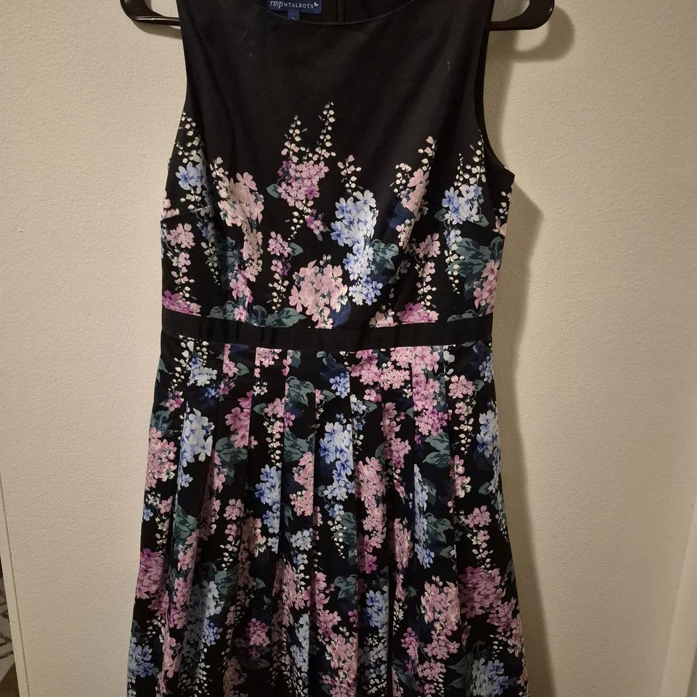 Talbots Black Floral Sateen Fit And Flare Midi Dress with Pink and Blue Blooms - Picture 3 of 9